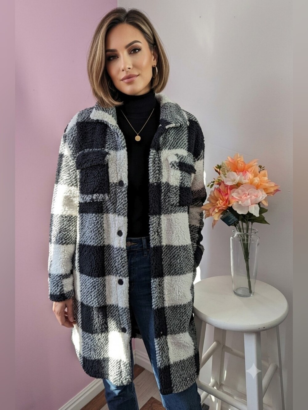 Black and White Plaid Sherpa Shacket / Coat